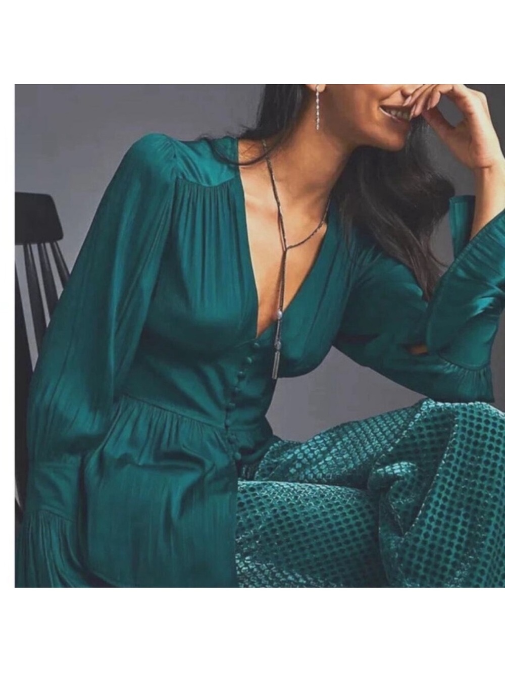 By Anthropologie Deep-V Tunic Satin Blouse Emerald Green Size XL